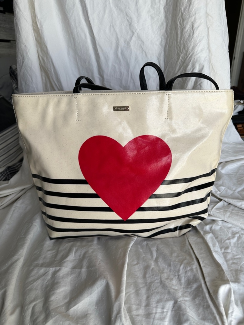 kate spade Cream Tote with Red Heart and Black Stripes